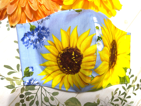 向日葵圖案 ✖️ 淺藍色向日葵吊飾帶 1 個無紡布口罩罩 第3張的照片