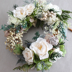 ガーデンローズのナチュラルリース20cm・ Petit jardin（ホワイト）結婚祝 引越祝 誕生日母の日 クリスマス 4枚目の画像