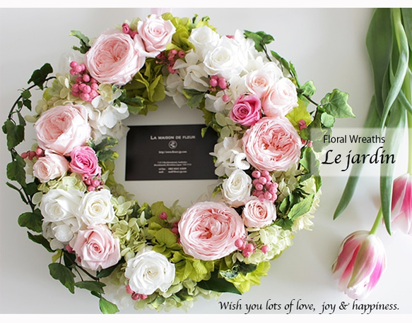 オールドローズのパリスタイルリースLe jardinピンクホワイト25cm【プリザーブドフラワー】両親贈呈 母の日 1枚目の画像