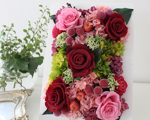 ドライフラワーアレンジメント（バラ、紫陽花）ラッピング無料スタンド