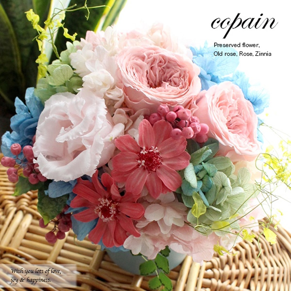 再入荷★copain（コパン）ブルー×ピンク【プリザーブドフラワー】誕生日 結婚祝 開店祝 退職祝 2枚目の画像