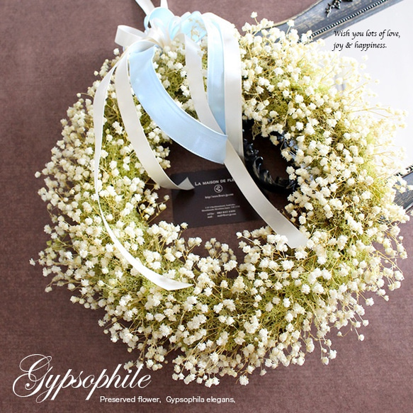 ふわふわカスミ草とモスのナチュラルリースGypsophile（30cm）結婚祝い 結婚式 ウェルカムリース 開店祝い 1枚目の画像