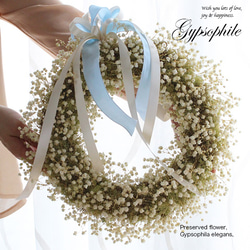 ふわふわカスミ草とモスのナチュラルリースGypsophile（30cm）結婚祝い 結婚式 ウェルカムリース 開店祝い 4枚目の画像