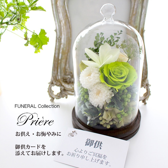 FUNERAL Collection ウッドガラスドームのプルメリアアレンジ【プリザーブドフラワー】お供えお悔やみ 2枚目の画像