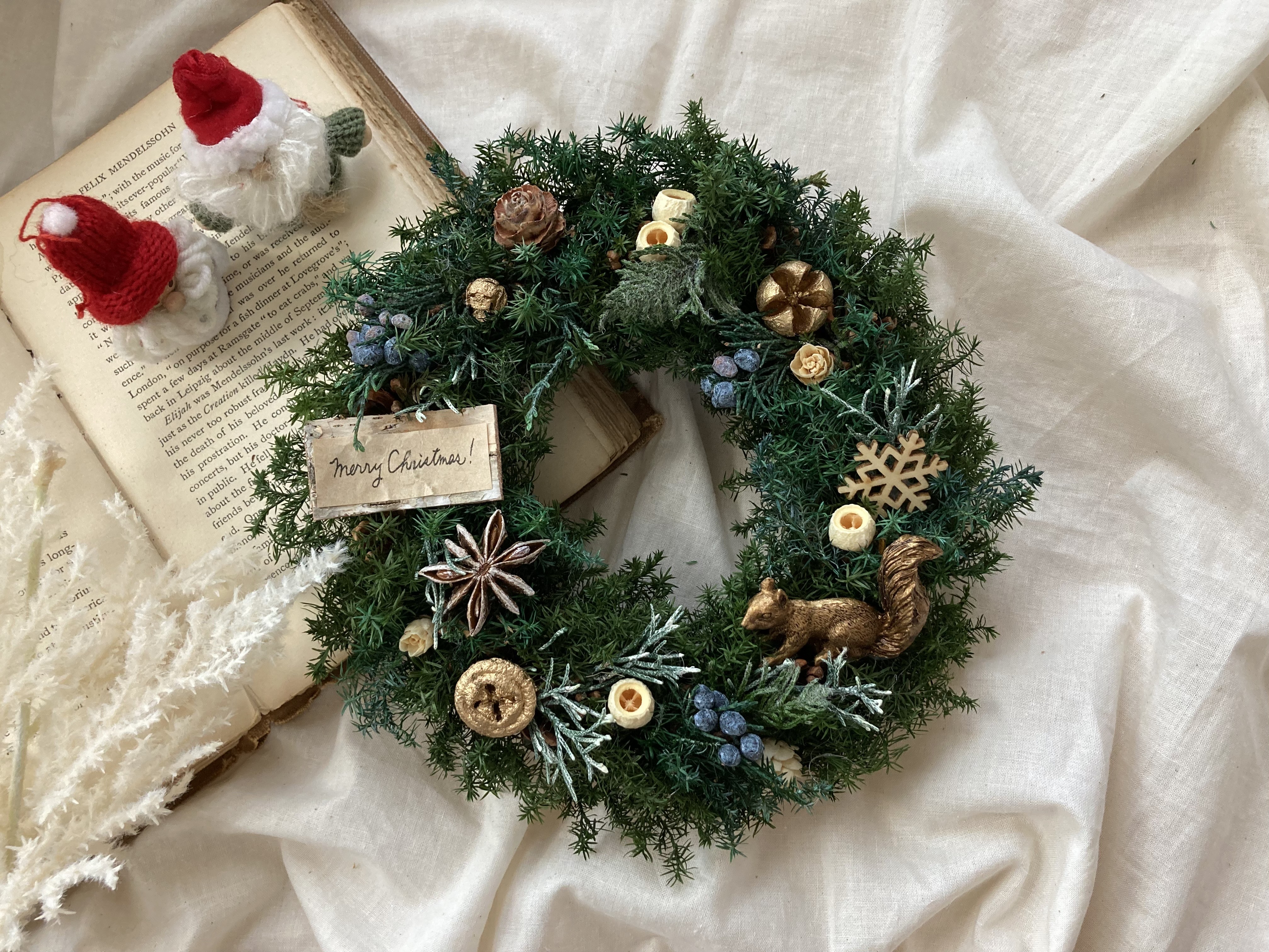 完売❤️早割❤️木の実達のXmasリース⭐️シダローズコットン22cm 完売❤️早割❤️木の実達のXmasリース⭐️シダローズコットン22cm