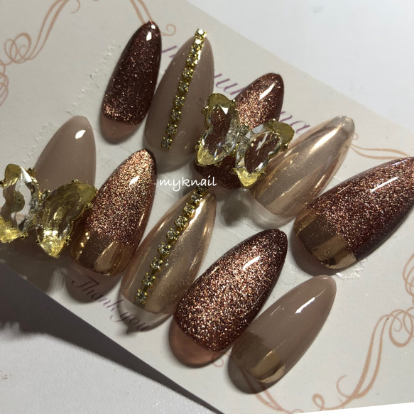 秋ネイル ブラウンマグネット フラッシュネイル ネイルチップ（つけ爪  