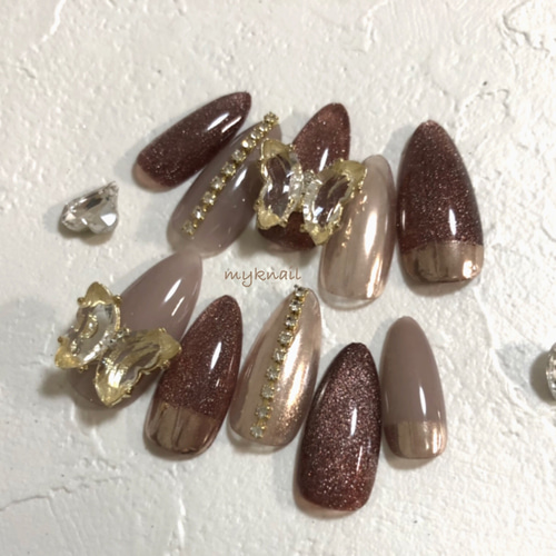 秋ネイル ブラウンマグネット フラッシュネイル ネイルチップ（つけ爪