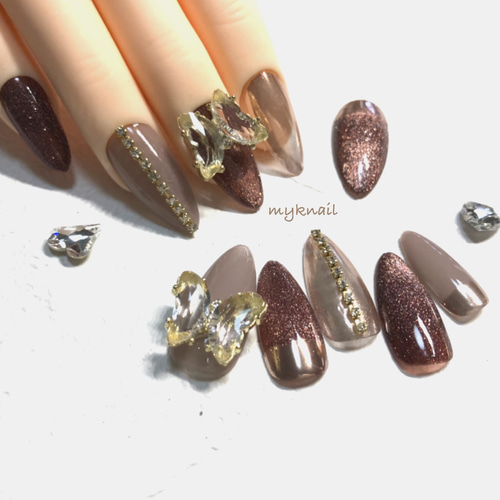秋ネイル ブラウンマグネット フラッシュネイル ネイルチップ