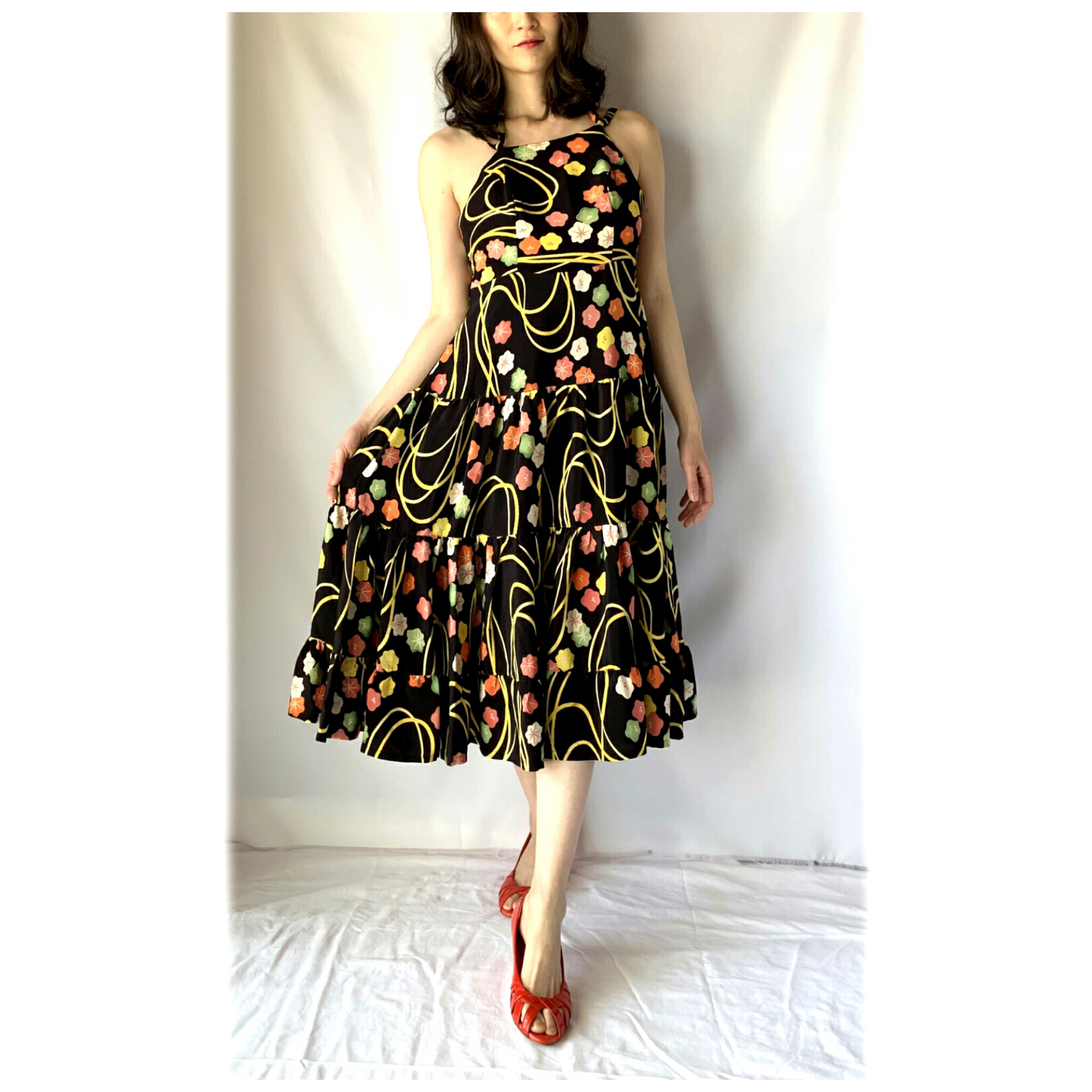 ●着物地ティアードワンピース／着物ワンピース／着物ドレス／和ドレス／国内送料無料　1903ｄ01