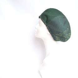 着物地×レースのベレー帽：緑・大島紬　着物リメイク／国内送料無料／1905mb03 2枚目の画像
