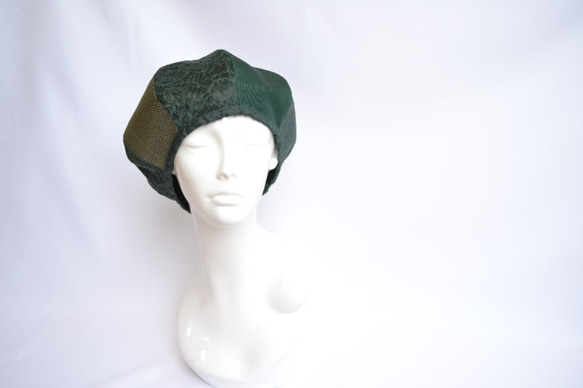 着物地×レースのベレー帽：緑・大島紬　着物リメイク／国内送料無料／1905mb03 8枚目の画像