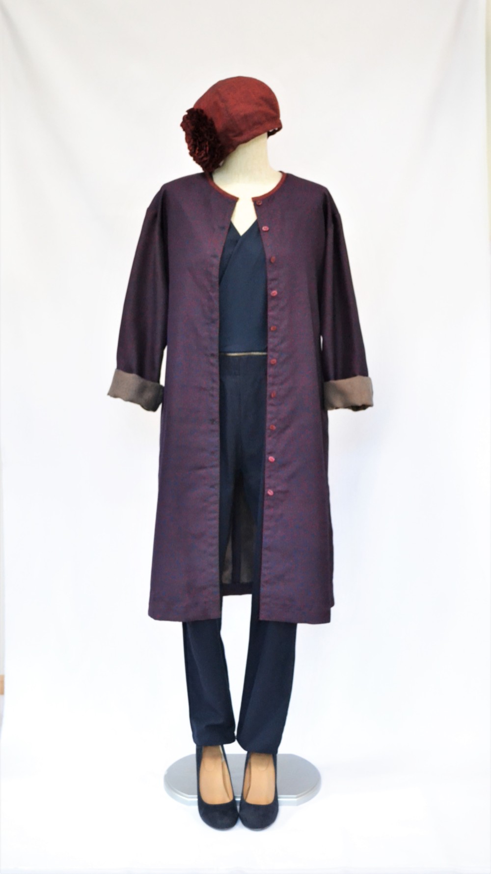 唐草模様シャツワンピース：ネイビー×ボルドー・ロングシャツ・着物リメイク・２営業日以内発送・国内送料無料 ／ 1910d