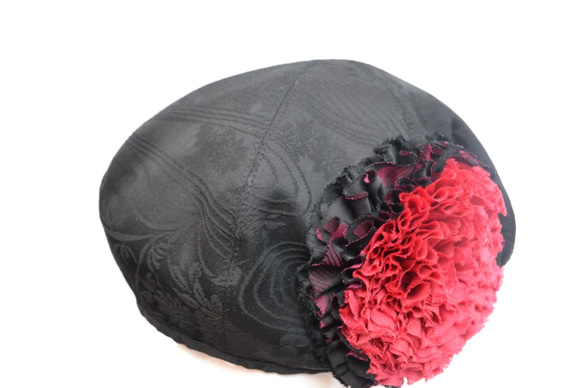 定做：和服面料花朵貝雷帽：黑色x櫻桃紅色花朵和服翻拍品/ 2個工作日內發貨/日本免費送貨/ 2001b01 第9張的照片