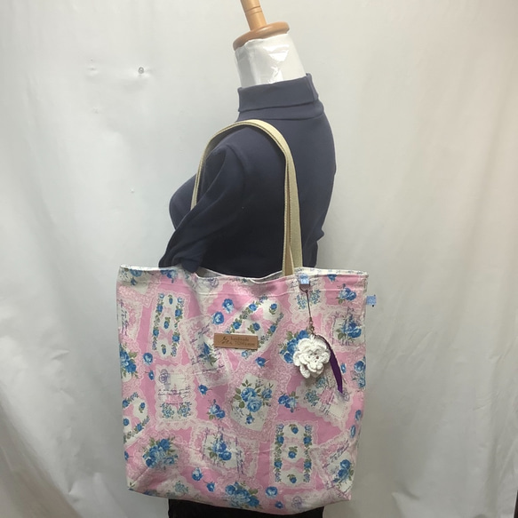 ●綿麻大きめのトートバッグ(ブルーローズ・ピンク) 1枚目の画像