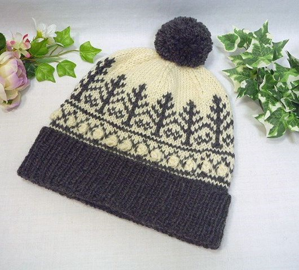 ●北欧柄の編み込みニット帽（小さな森・こげ茶） 1枚目の画像