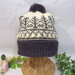 ●北欧柄の編み込みニット帽（小さな森・こげ茶） 3枚目の画像