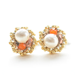 棉珍珠T耳環橙色 第1張的照片