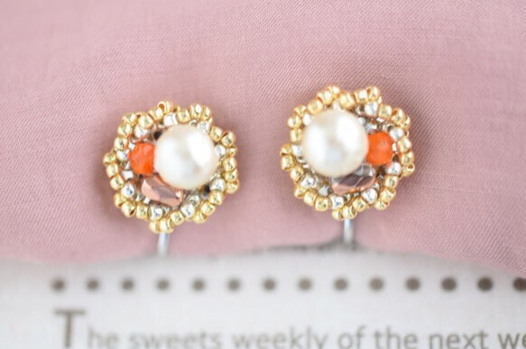 棉珍珠T耳環橙色 第3張的照片