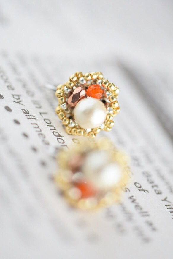 棉珍珠T耳環橙色 第5張的照片