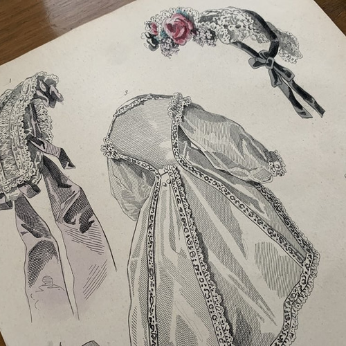 フランスアンティークLE FOLLETファッションフレーム手彩色銅版画