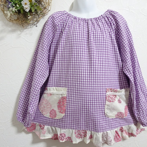 120cm紫系チェック フリル スモック 入園 入学 女の子 その他入園  