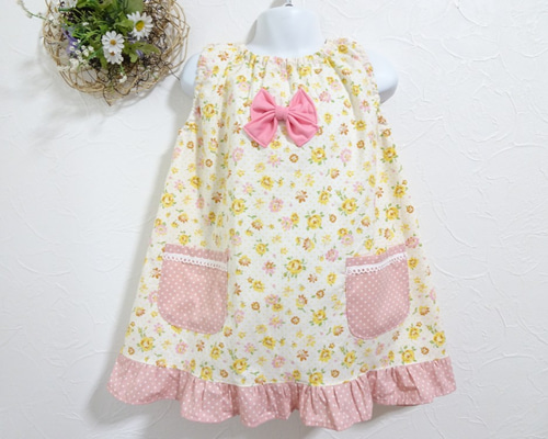 110～120cm イエロー＆ピンク系 大きいリボン、フリル 袖なし