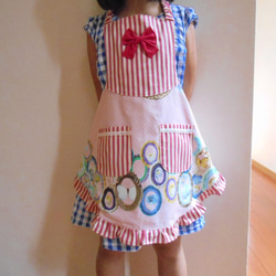100~120cm　3点セット　 子供 エプロン　リボン付き　きれいな模様　ストライプ  入園 入学 女の子 2枚目の画像