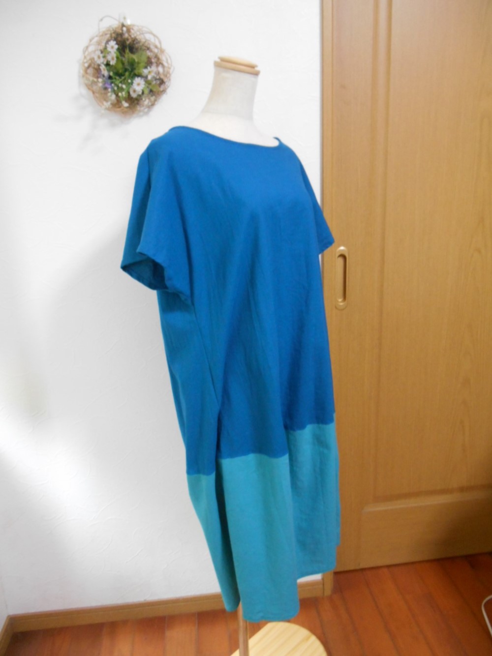 送料無料　コットンリネン　コクーンワンピース　ブルー系　Lサイズ