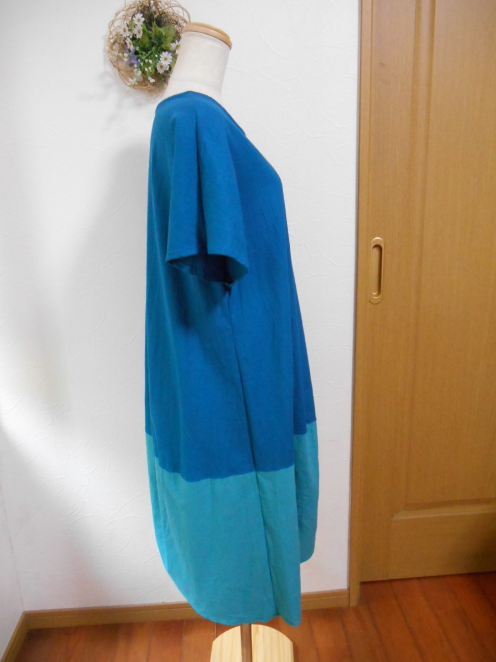 送料無料　コットンリネン　コクーンワンピース　ブルー系　Lサイズ