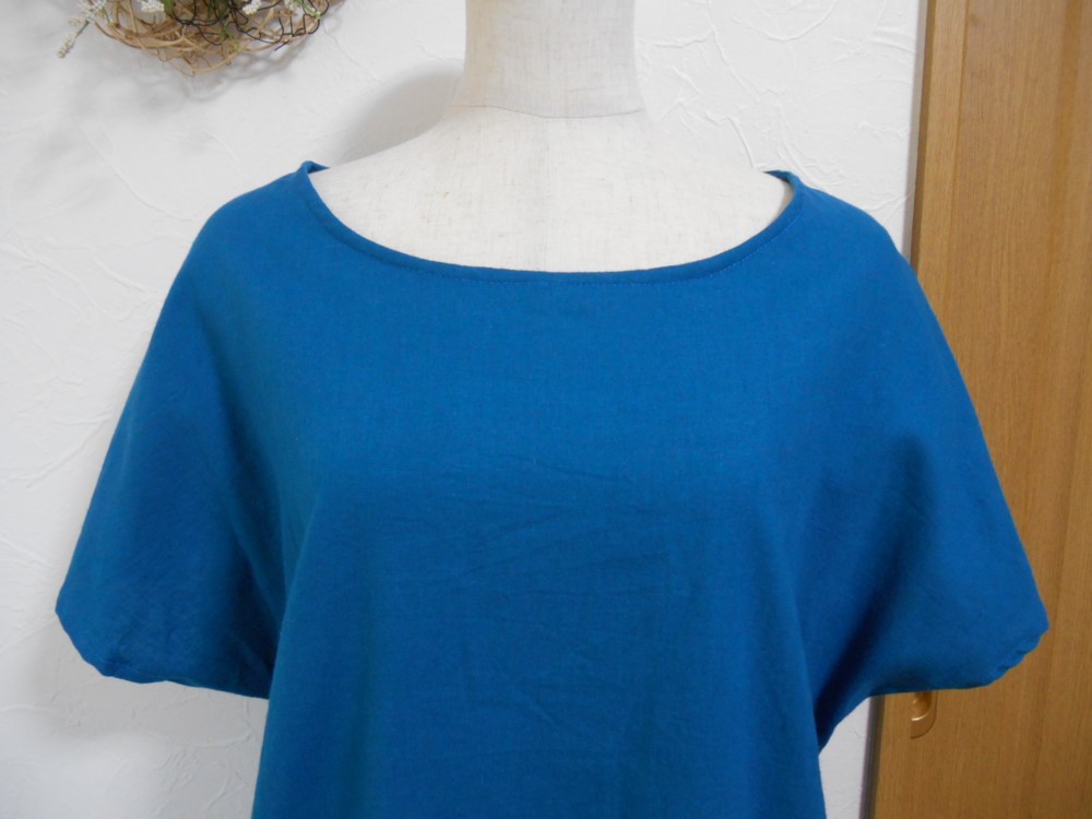 送料無料　コットンリネン　コクーンワンピース　ブルー系　Lサイズ