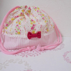 お弁当袋＆コップ袋　ピンク系きれいな花柄　ストライプ　リボン付き  入園 入学  女の子 3枚目の画像