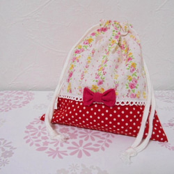 お弁当袋＆コップ袋　ピンク系きれいなストライプ花柄　ドット　リボン付き 入園 入学  女の子 4枚目の画像