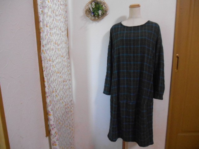 送料無料　コクーンワンピース　先染め起毛へリンボン◇シャーリング生地　オータムカームチェック　Lサイズ