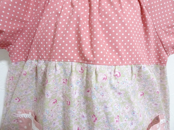 一点もの　100cm yuwa花柄生地　ピンク系　ドット　半袖スモック　入園　入学　女の子 3枚目の画像