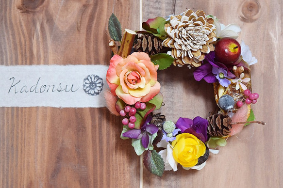 お花と森の木の実のリース（サーモンピンク＆イエローローズ） リース  