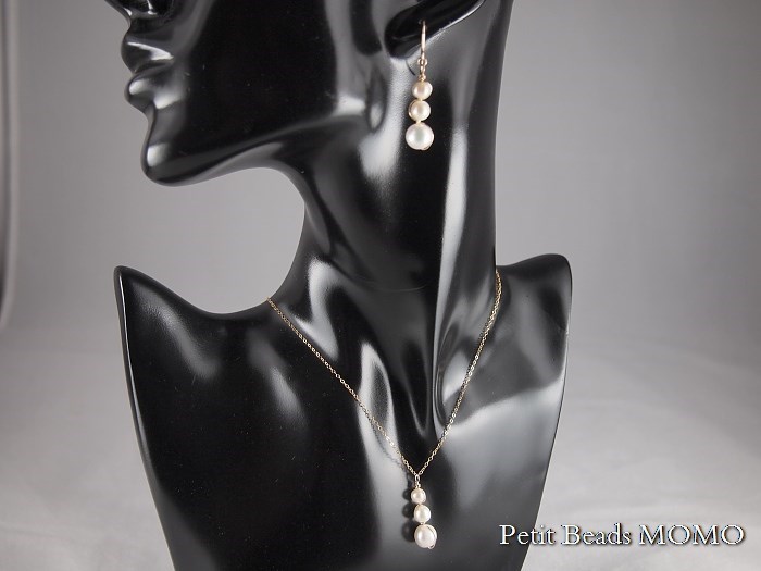 「Creema限定」『数量限定3点 春の福袋』14KGFウェーブ・淡水真珠～ネックレス＆ピアス(樹脂製ノンホールピアス)