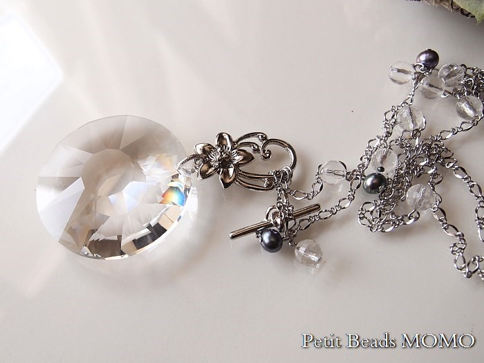 1点物～願いが叶う？大きなスワロフスキー＆水晶＆淡水真珠～サンキャッチャーみたいなロングペンダント～燦然と輝いて☆彡