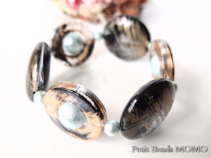 麗しの日本！和柄ビーズ（サークル×コイン）＆コットンパール（アクア）～モードな大振りブレスレット