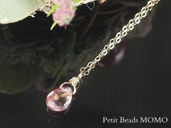 願いが叶う？11月誕生石～宝石質・ピンクトパーズ・ペアシェイプ・ブリオレットカット～小さな一粒ネックレス(14KGF) 2枚目の画像