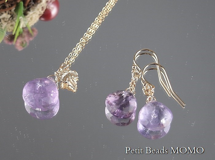 「Creema限定」2月誕生石*宝石質ピンクアメジスト・マロンブリオレットカット～ネックレスセット