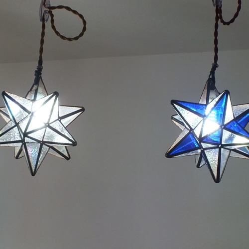 青の星灯り ver．2 ステンドグラス手作り 星型 LEDランプ