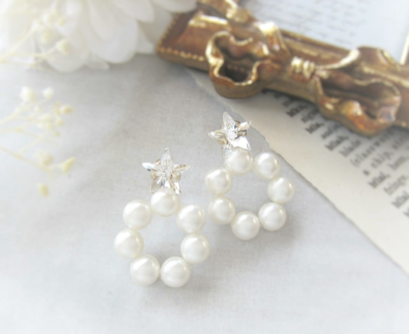 *3463*Star bijou×Pearl hoop earring(ホワイト) 3枚目の画像