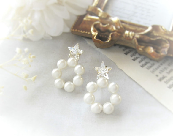 *3463*Star bijou×Pearl hoop earring(ホワイト) 4枚目の画像