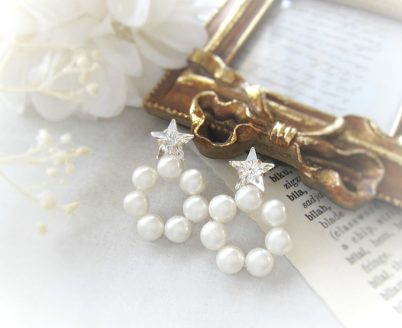 *3463*Star bijou×Pearl hoop earring(ホワイト) 8枚目の画像