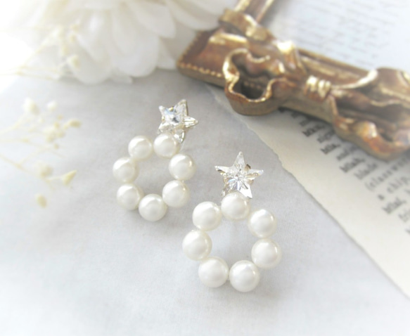 *3463*Star bijou×Pearl hoop pierce(ホワイト) 6枚目の画像