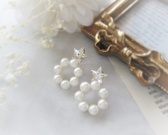 *3463*Star bijou×Pearl hoop pierce(ホワイト) 9枚目の画像