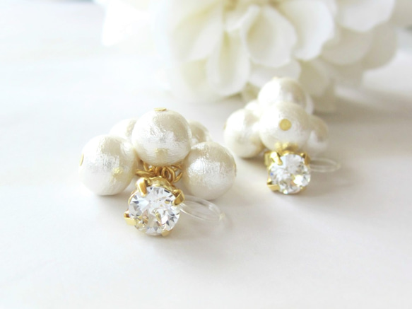 *1436* Simple bijou＊Cotton pearl earring／pierce（ホワイト） 4枚目の画像