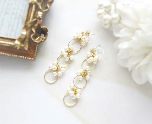 *2609*Pearl×Three hoop earring／pierce 2枚目の画像