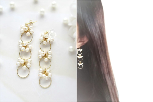 *2609*Pearl×Three hoop earring／pierce 4枚目の画像