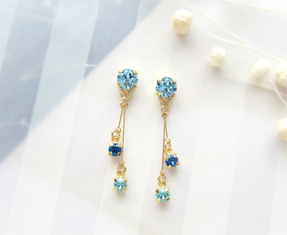 *3401*Triple bijou earring／pierce(ブルー) 3枚目の画像